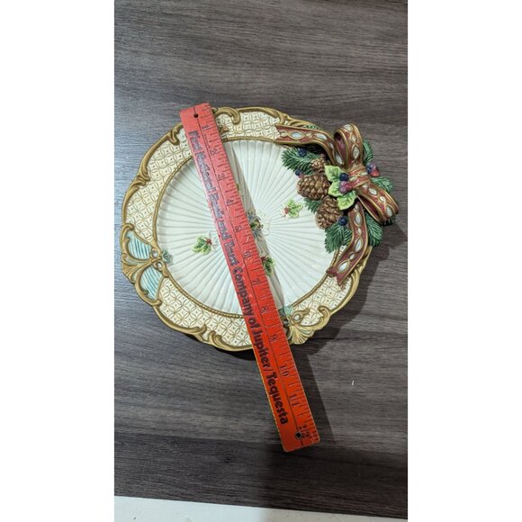 Fitz & Floyd Florentine Christmas Canape Plate Bow Pinecone Design fruit 10" - Picture 6 of 8